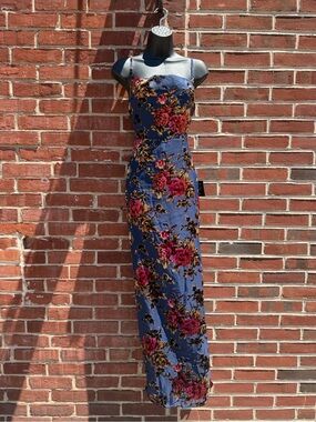 NWT Blue Floral Velvet Burnout Midi Dress Side Slit Spaghetti Strap